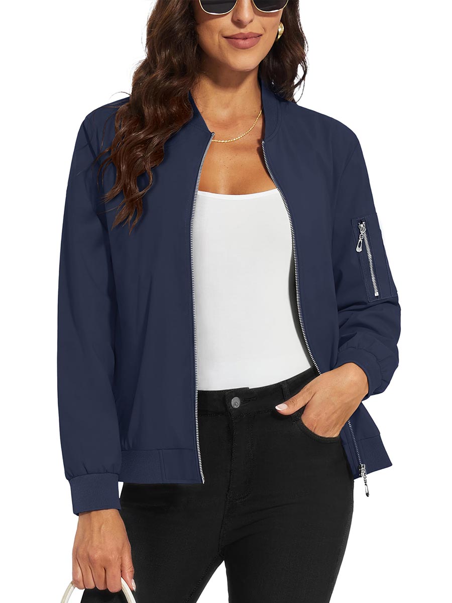 TACVASEN Navy Women's 4-Pocket Lightweight Casual Windproof Full-Zip Bomber Jacket