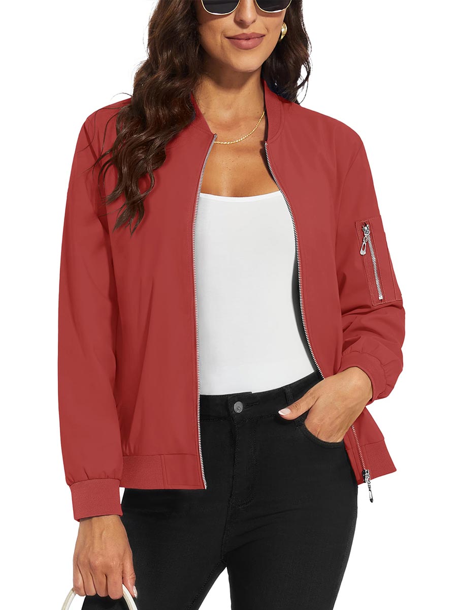 TACVASEN Orange Red Women's 4-Pocket Lightweight Casual Windproof Full-Zip Bomber Jacket
