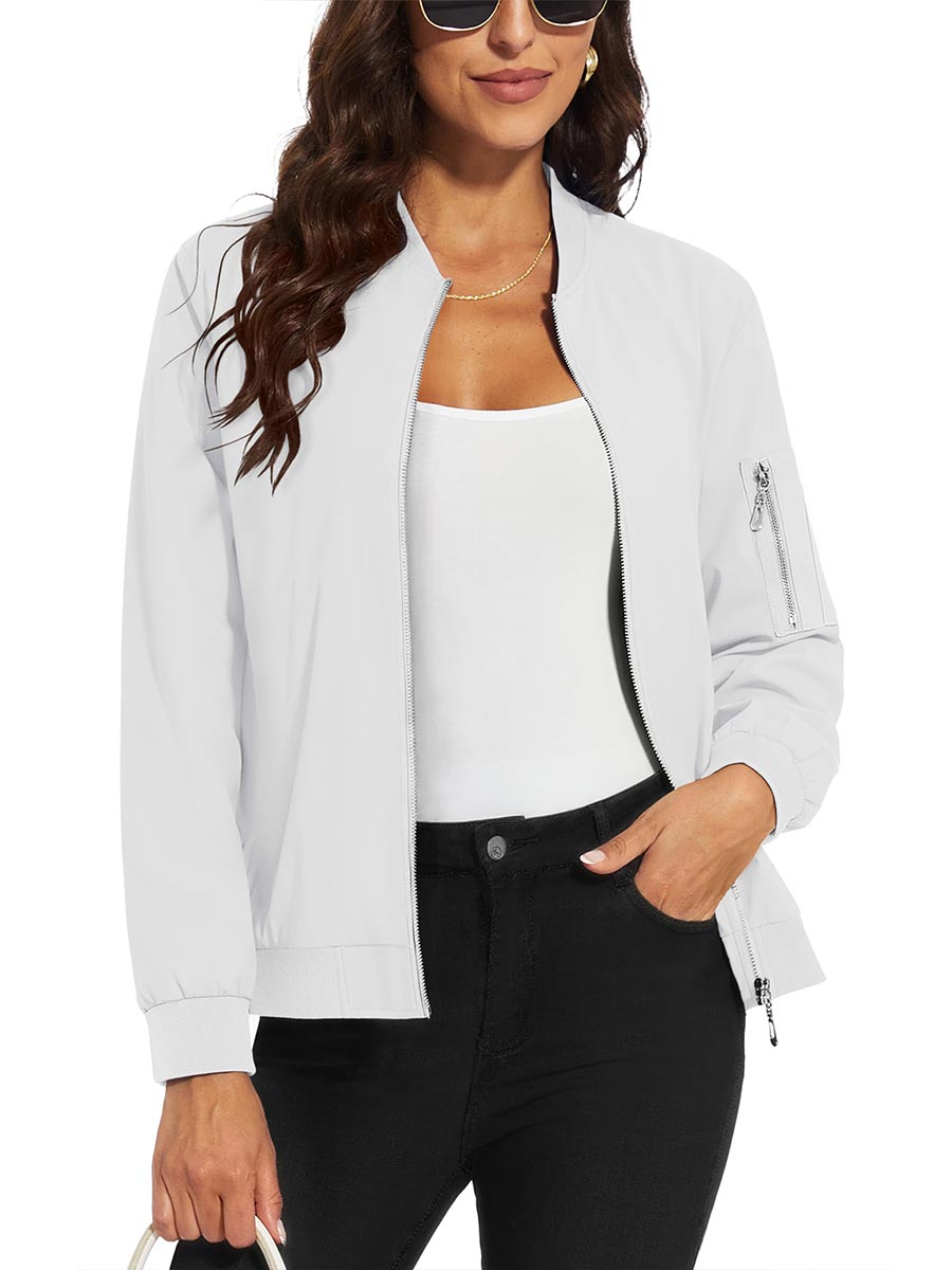 TACVASEN White Women's 4-Pocket Lightweight Casual Windproof Full-Zip Bomber Jacket
