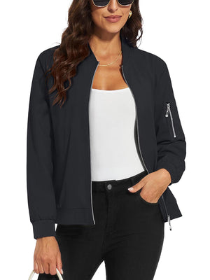 TACVASEN Black Women's 4-Pocket Lightweight Casual Windproof Full-Zip Bomber Jacket