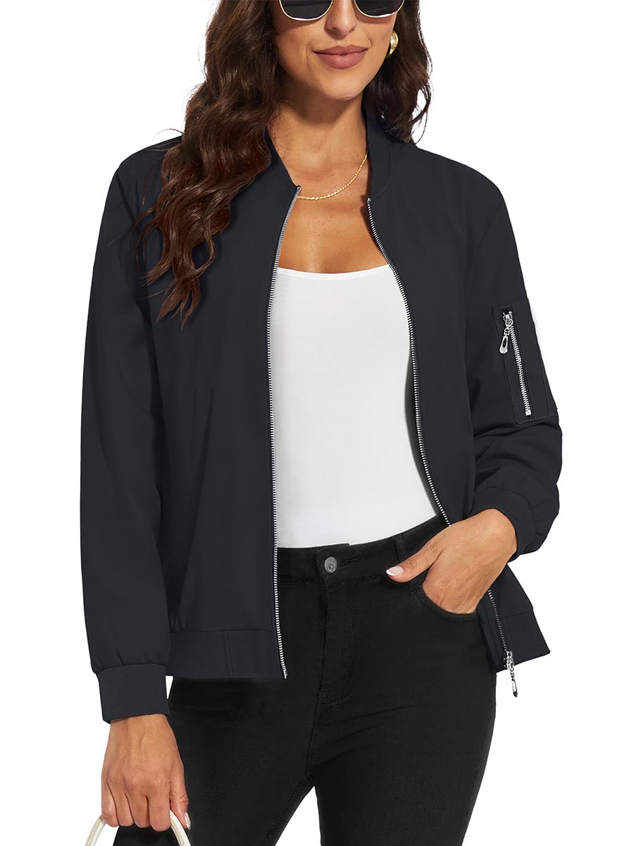 TACVASEN Black Women's 4-Pocket Lightweight Casual Windproof Full-Zip Bomber Jacket