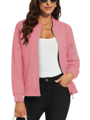 TACVASEN Grey Pink Women's 4-Pocket Lightweight Casual Windproof Full-Zip Bomber Jacket