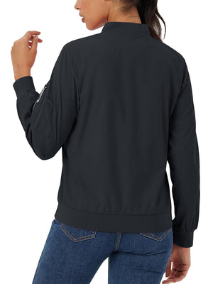 TACVASEN Black Women's 4-Pocket Lightweight Casual Windproof Full-Zip Bomber Jacket