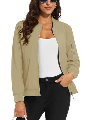 TACVASEN Khaki Women's 4-Pocket Lightweight Casual Windproof Full-Zip Bomber Jacket