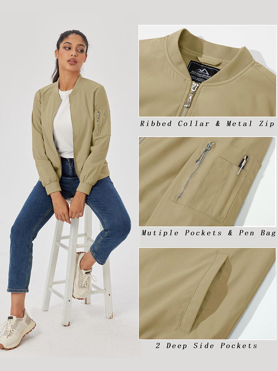 TACVASEN Khaki Women's Bomber Jackets Lightweight Casual Jacket
