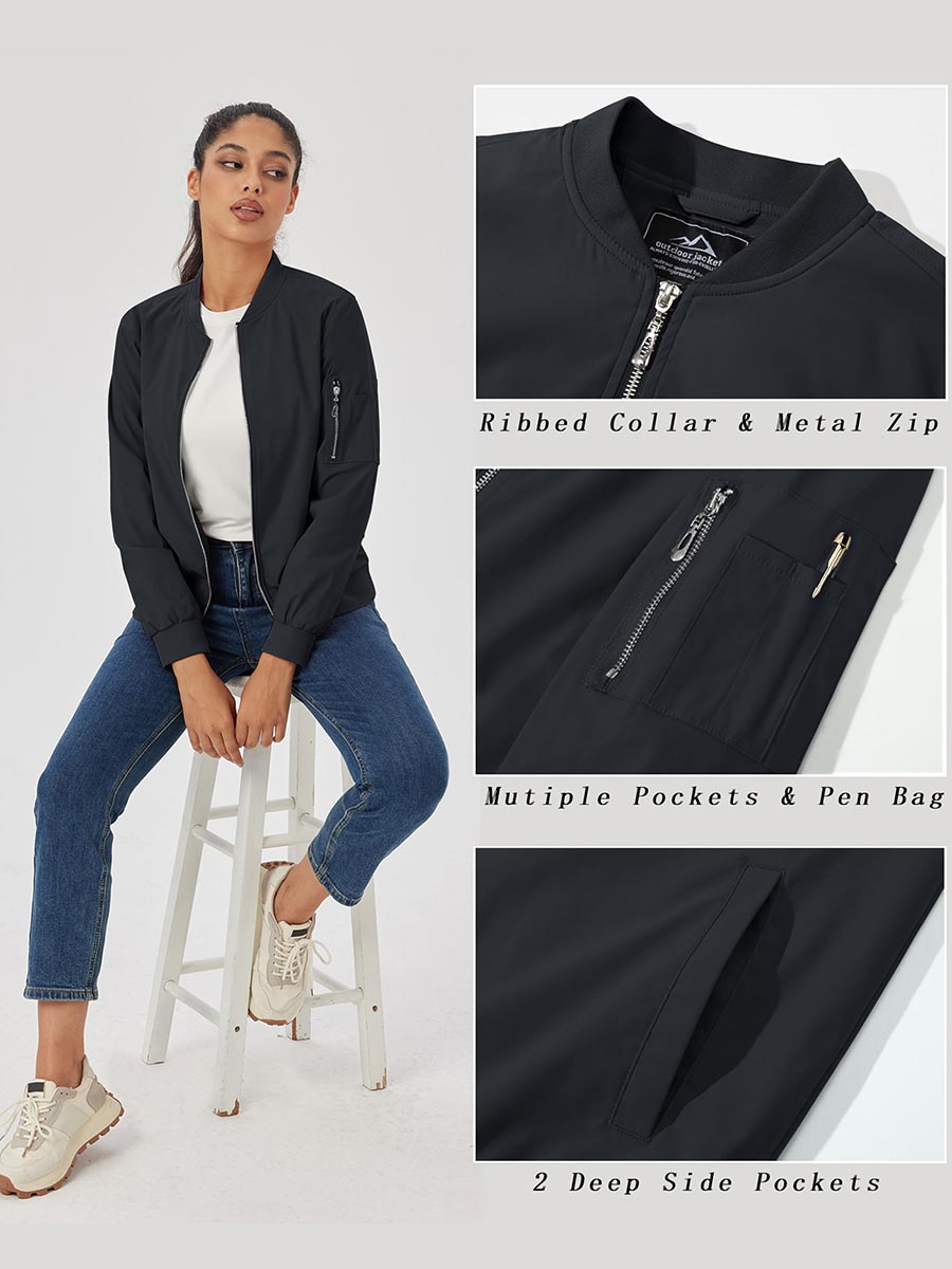 TACVASEN Black Women's Bomber Jackets Lightweight Casual Jacket