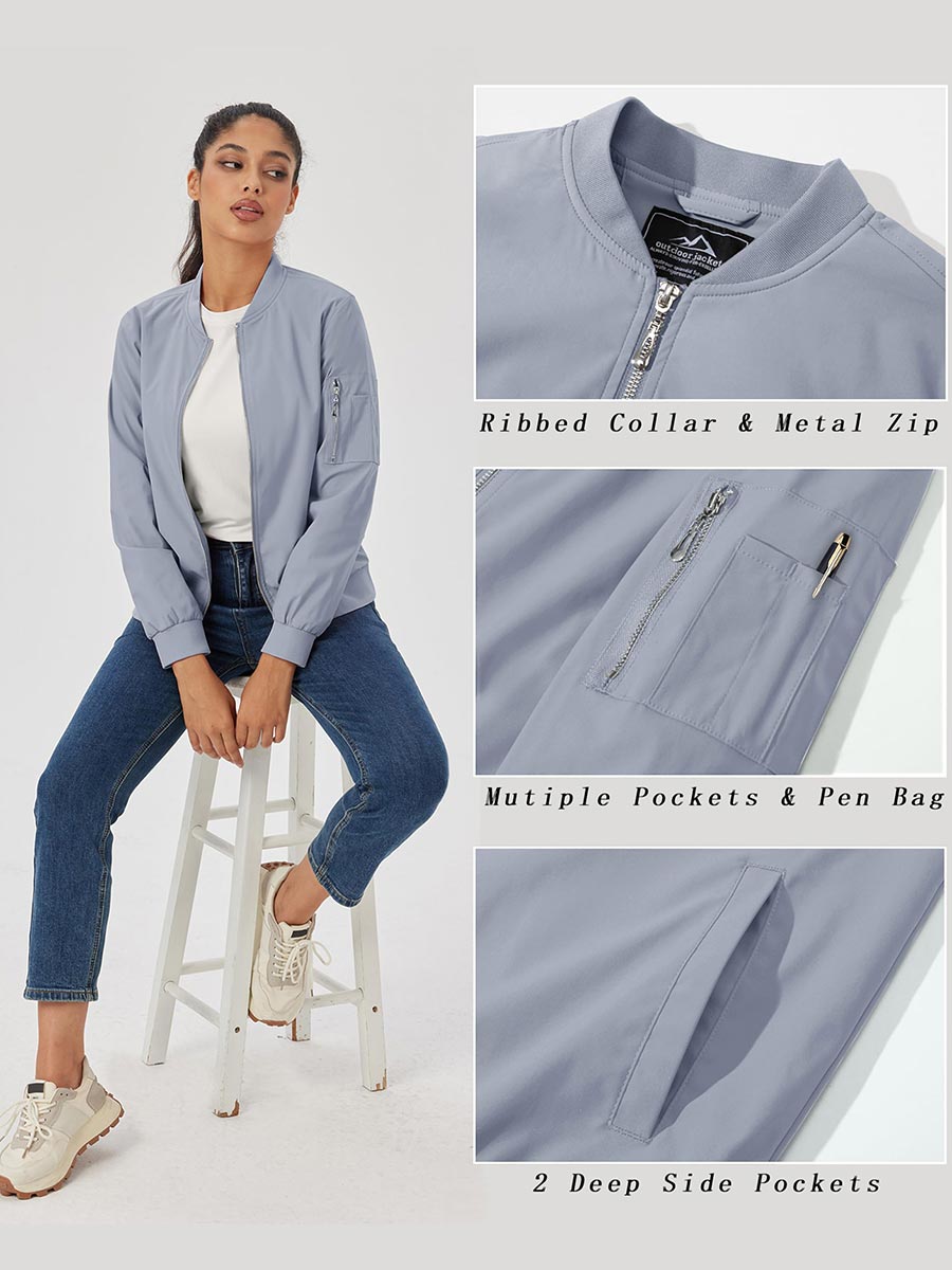 TACVASEN Light Grey Women's Bomber Jackets Lightweight Casual Jacket