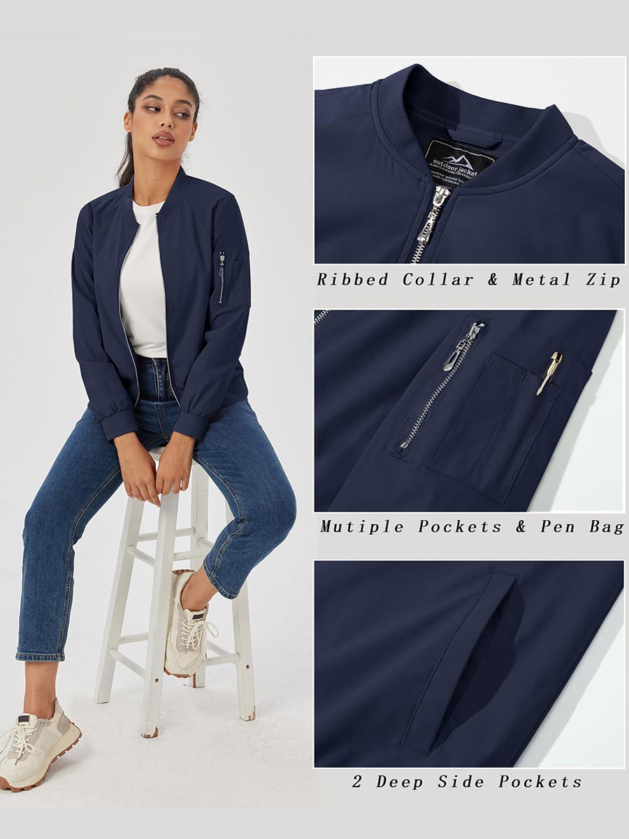 TACVASEN Navy Women's Bomber Jackets Lightweight Casual Jacket
