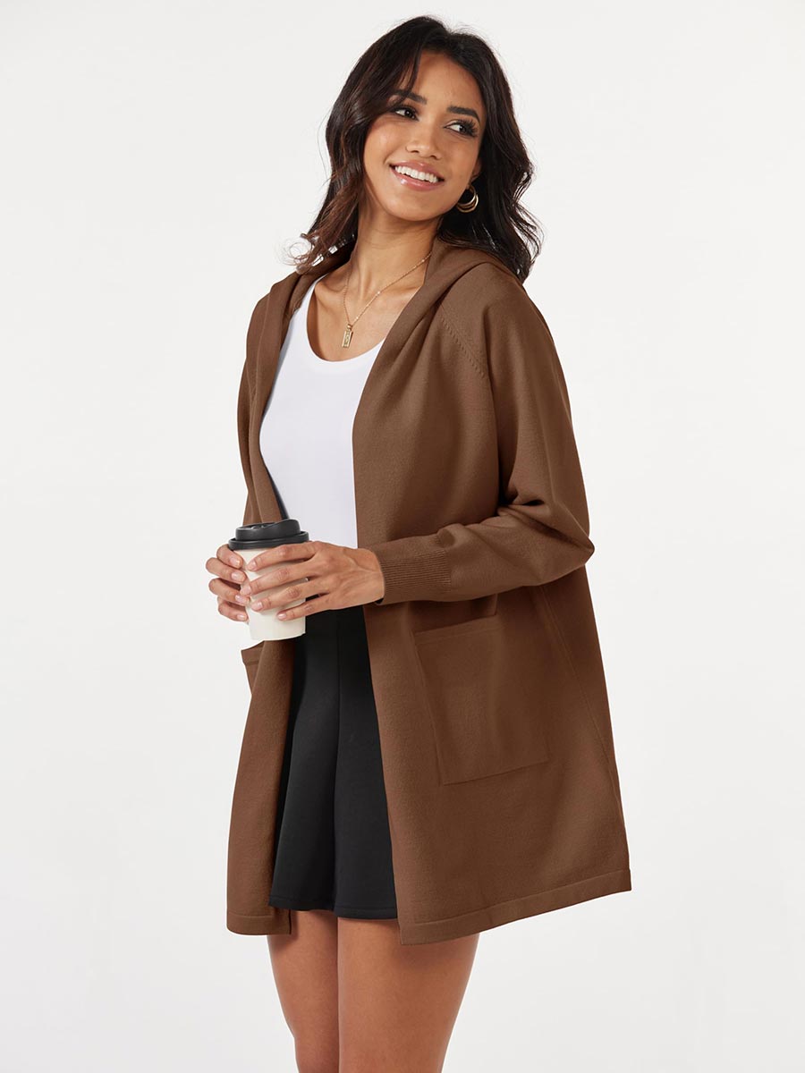 TACVASEN Brown Women's Cardigan Open Front Knit Hoodie Sweater Coatigan Jacket
