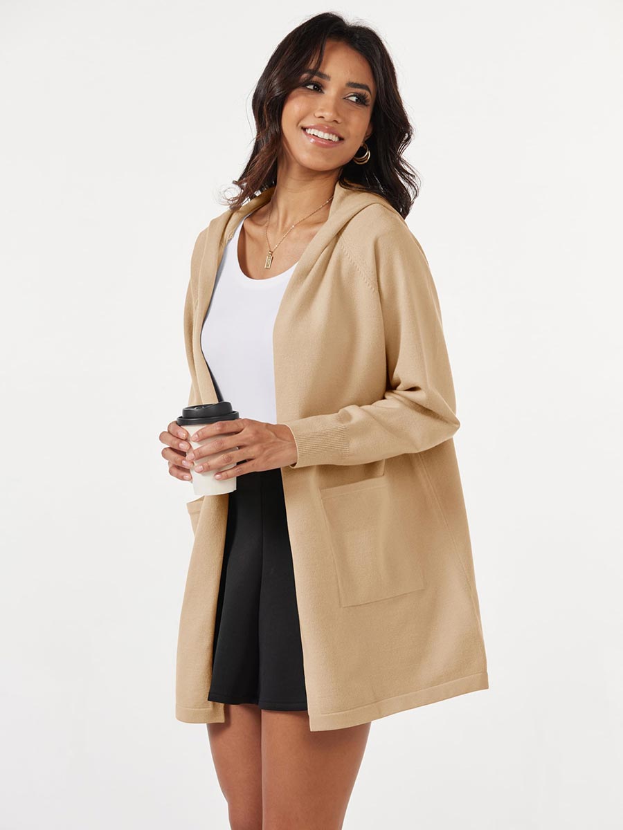 TACVASEN Apricot Women's Cardigan Open Front Knit Hoodie Sweater Coatigan Jacket