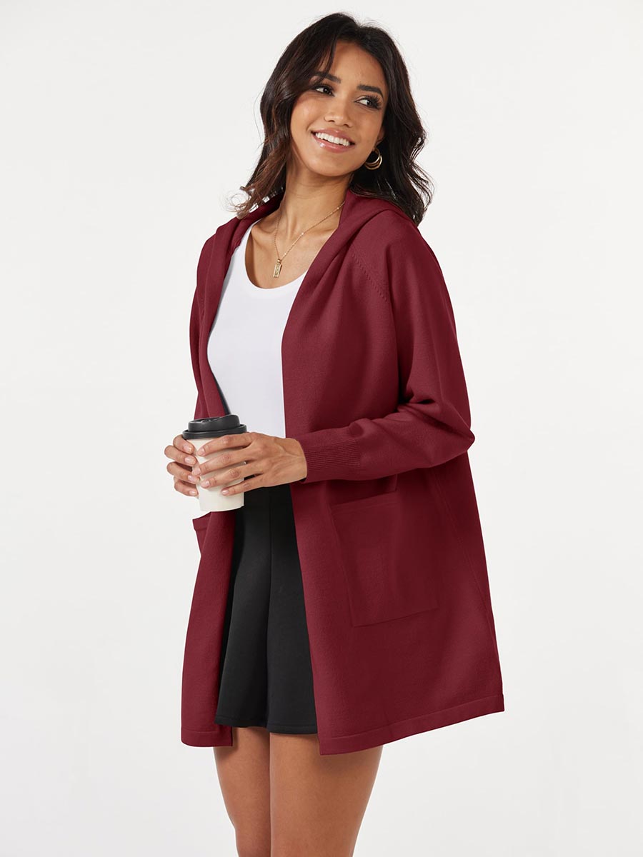 TACVASEN Wine Red Women's Cardigan Open Front Knit Hoodie Sweater Coatigan Jacket