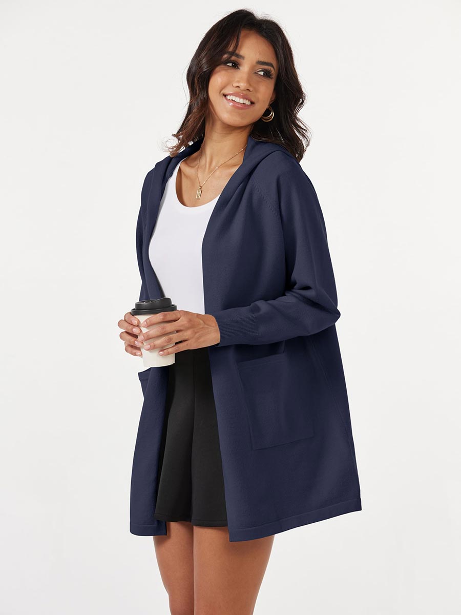 TACVASEN Navy Women's Cardigan Open Front Knit Hoodie Sweater Coatigan Jacket