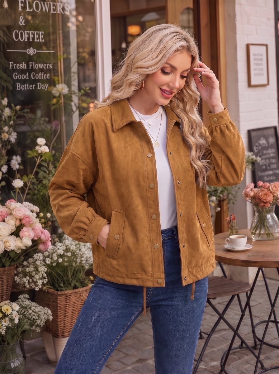 TACVASEN Brown Women's Casual Collared Suede Jacket
