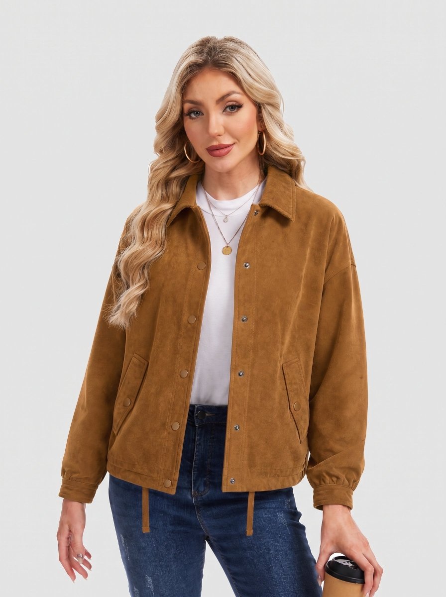 TACVASEN Brown Women's Casual Collared Suede Jacket