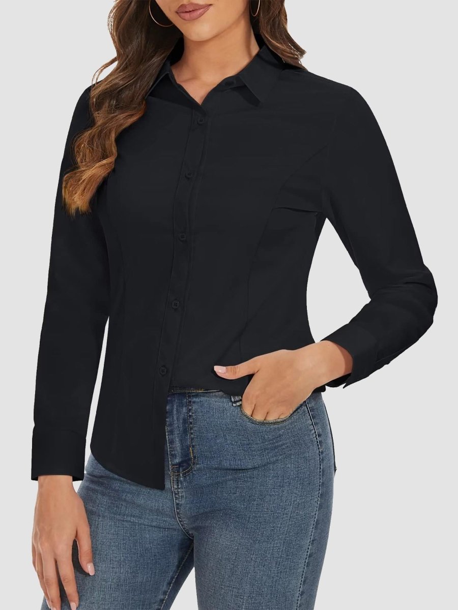 TACVASEN Black Women's Collared Dress Shirt Casual Office Wear Blouse