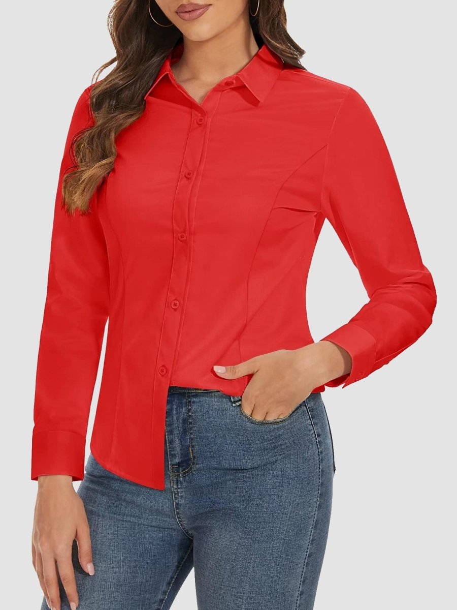 TACVASEN Red Women's Collared Dress Shirt Casual Office Wear Blouse