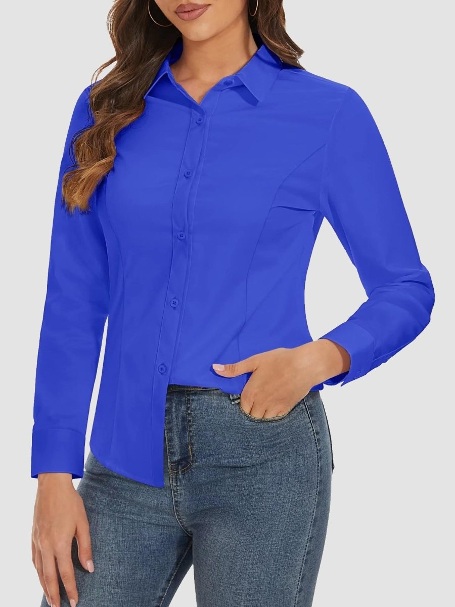 TACVASEN Bright Blue Women's Collared Dress Shirt Casual Office Wear Blouse