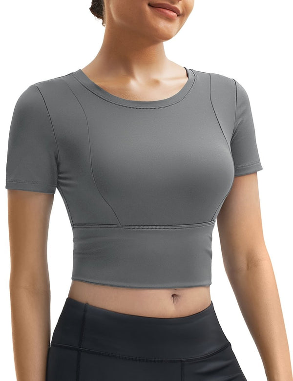 TACVASEN Medium Grey Women's Crop Workout Tops Yoga Short Sleeve