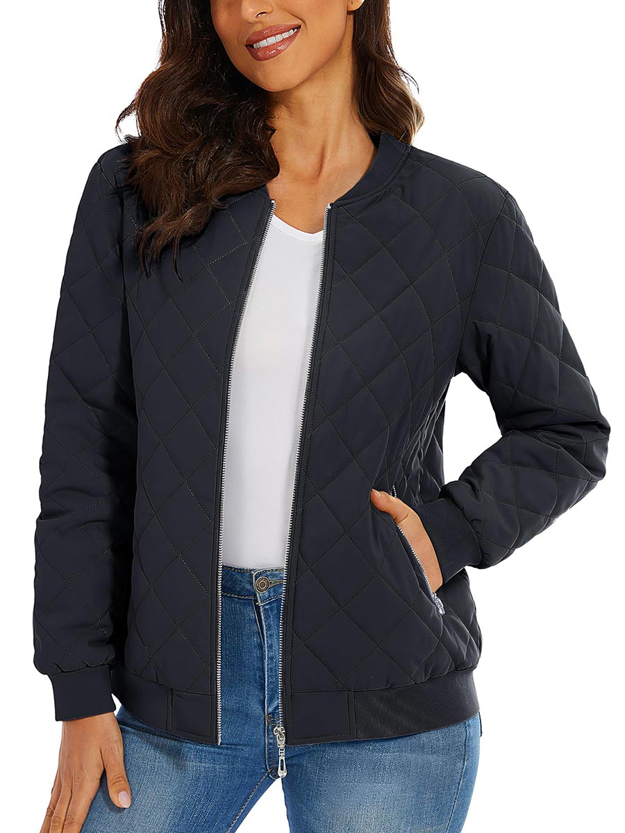 TACVASEN Black Women's Diamond Quilted Padded Zip Jacket