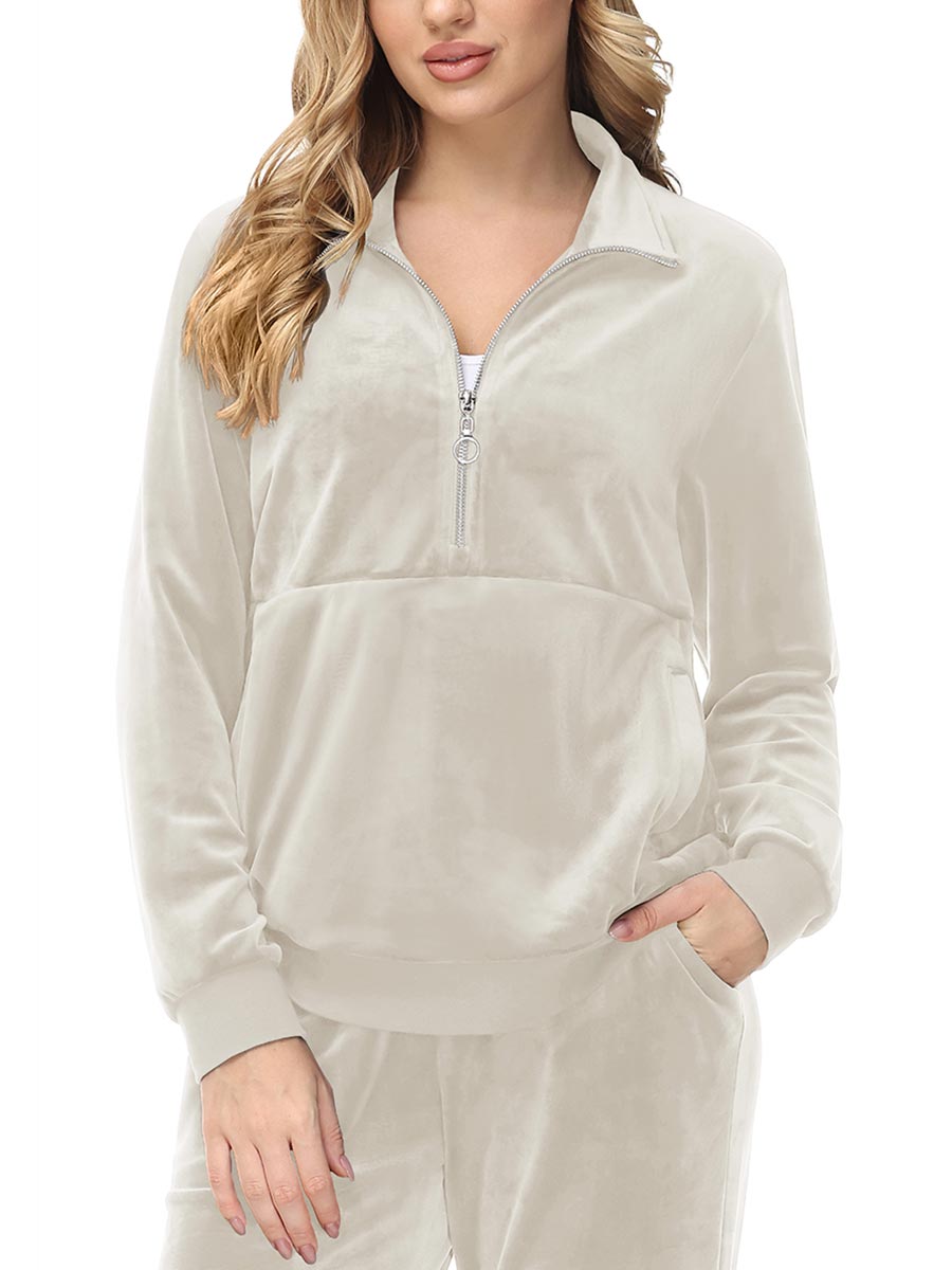TACVASEN Beige Women's Half Zip Pullover Sweatshirts Velvet Fleece Jacket
