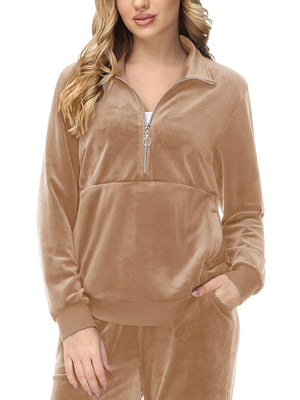 TACVASEN Light Brown Women's Half Zip Pullover Sweatshirts Velvet Fleece Jacket