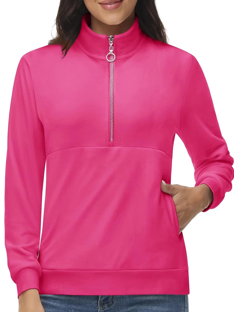 TACVASEN Rose Red Women's Half Zip Pullover Sweatshirts Velvet Fleece Jacket