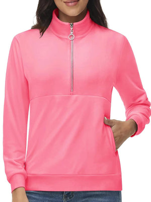 TACVASEN Fluorescent Pink Women's Half Zip Pullover Sweatshirts Velvet Fleece Jacket