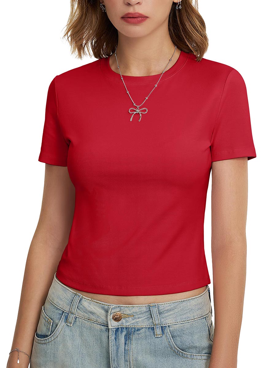 TACVASEN Red Women's knitted fitted short sleeved T-shirt