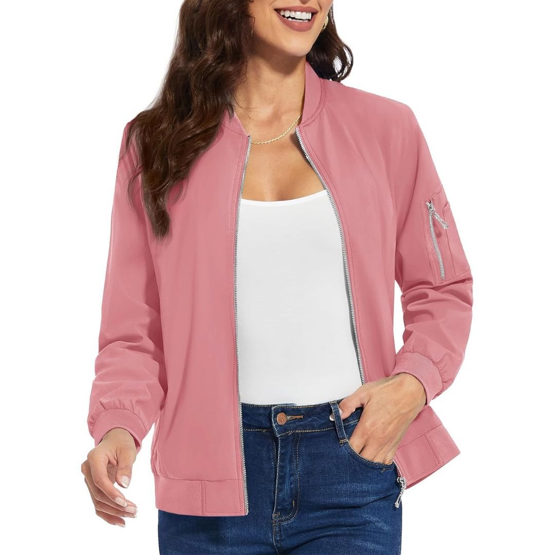 TACVASEN Grey Pink Women's Lightweight Casual Windbreaker Bomber Jackets