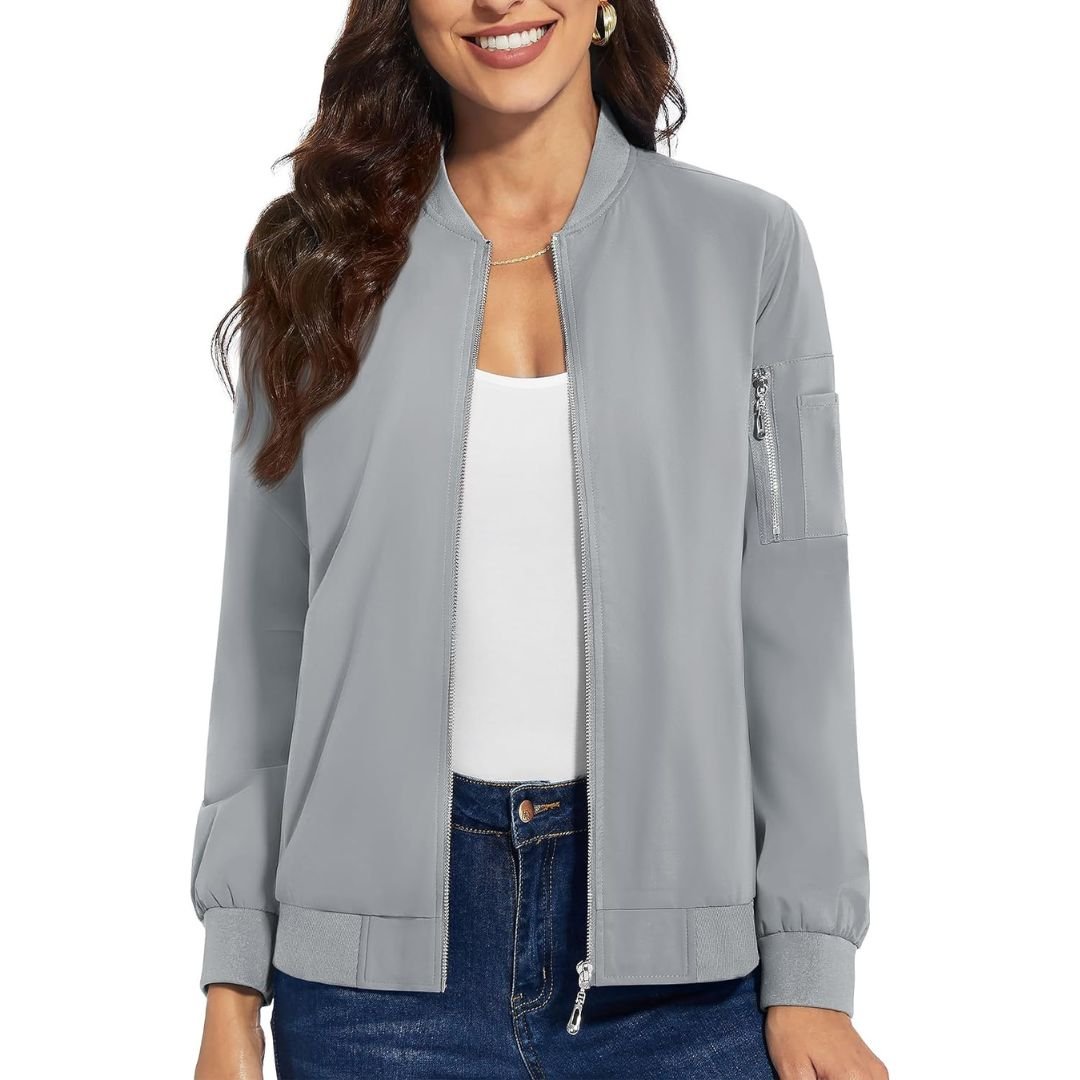 TACVASEN Light Grey Women's Lightweight Casual Windbreaker Bomber Jackets