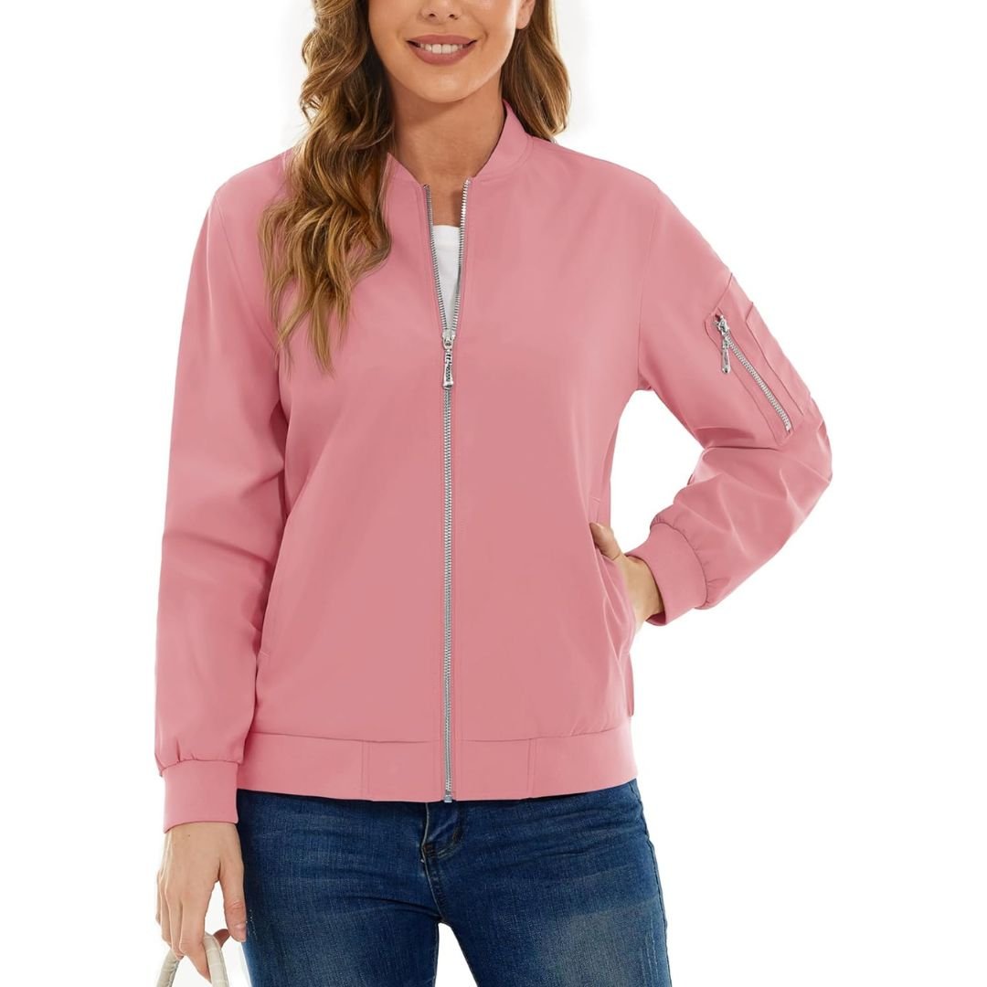 TACVASEN Grey Pink Women's Lightweight Casual Windbreaker Bomber Jackets