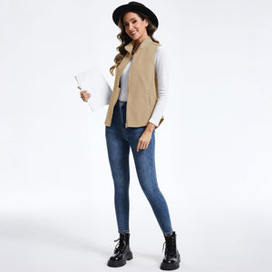 TACVASEN Light Khaki Women's Lightweight Full Zip Outerwear Warm Fleece Vest