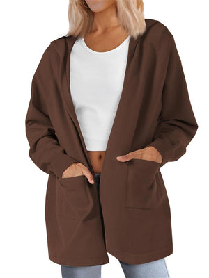 TACVASEN Brown Women's Lightweight Knit Open Front Hooded Cardigan with 2 Pockets