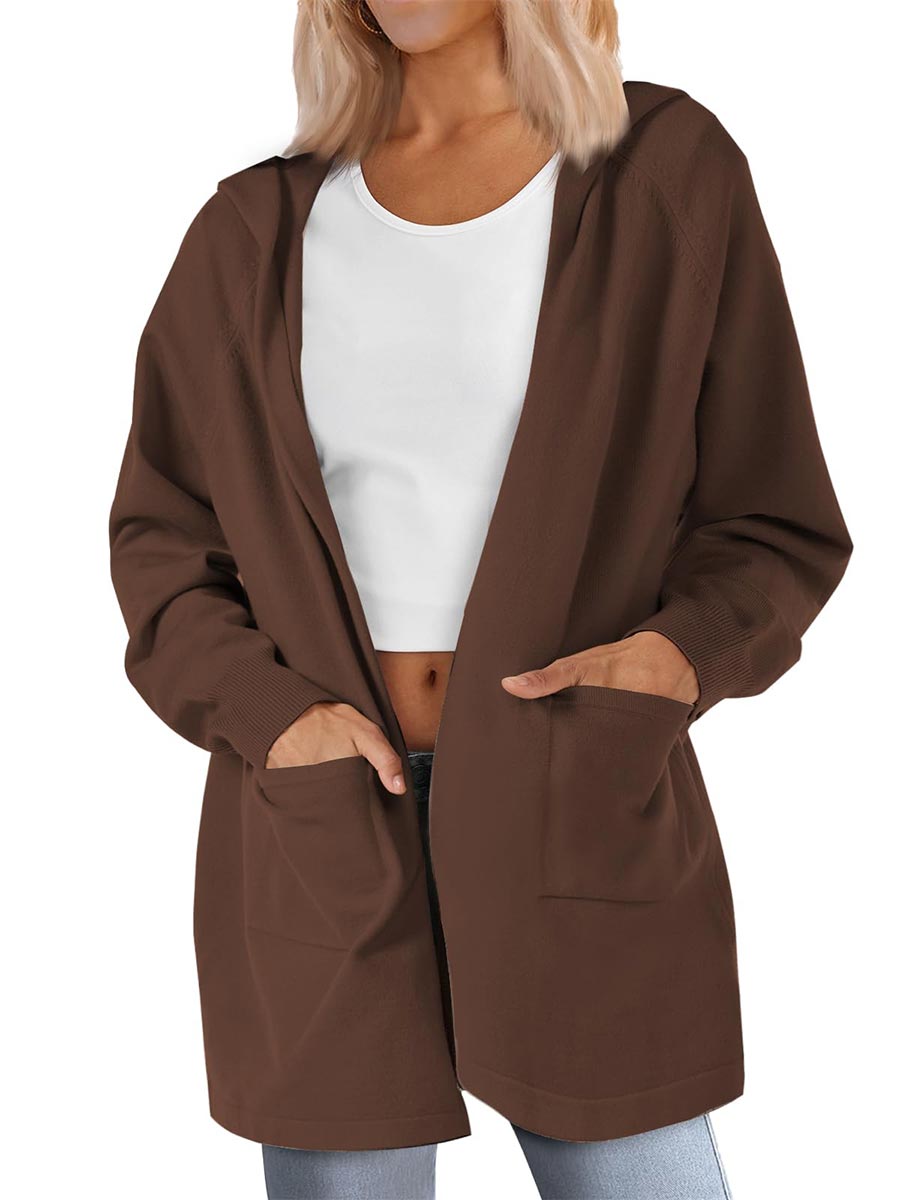 TACVASEN Brown Women's Lightweight Knit Open Front Hooded Cardigan with 2 Pockets