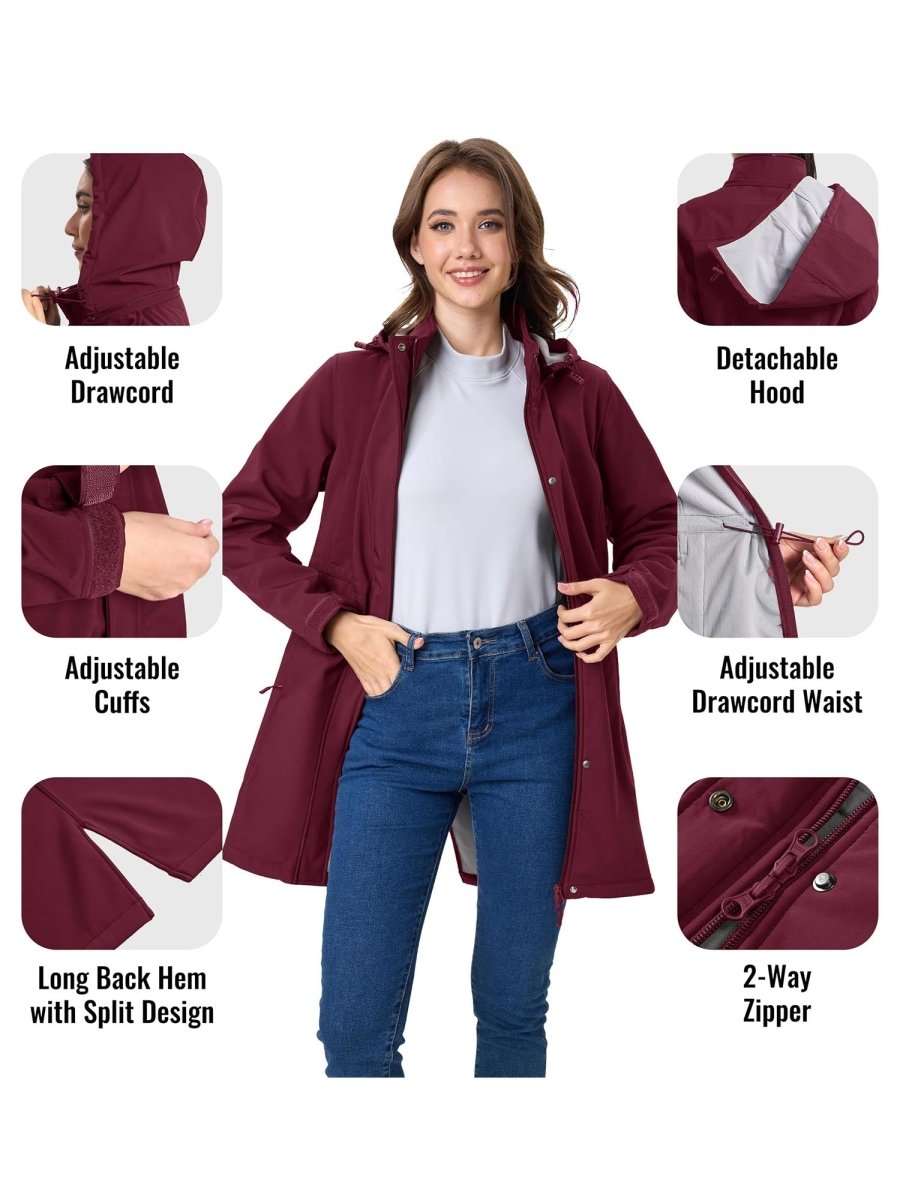 TACVASEN Wine Red Women's Long Fleece Lined Jackets Warm Winter Windbreaker