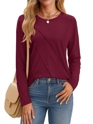 TACVASEN Wine Red Women's Long Sleeve Shirts Pleated Crew Neck Cotton T-Shirts