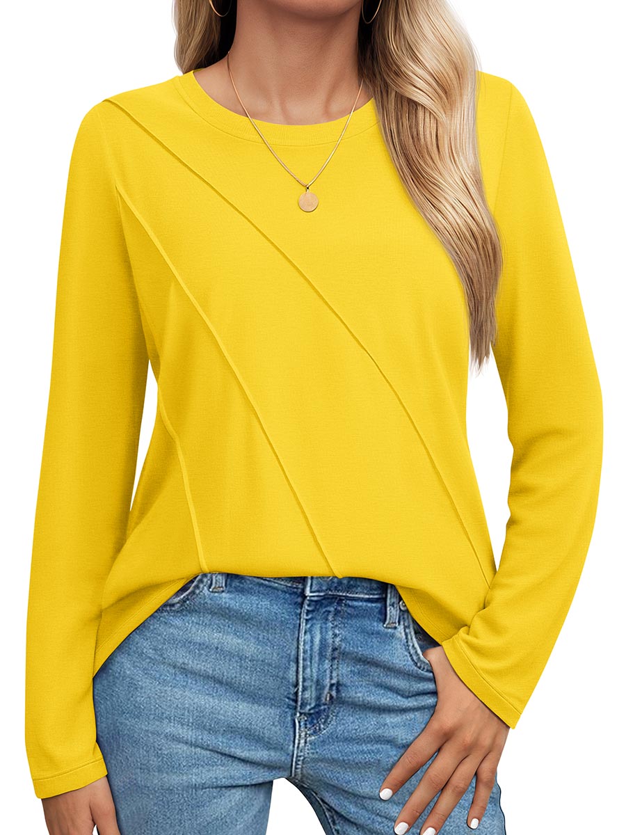 TACVASEN Yellow Women's Long Sleeve Shirts Pleated Crew Neck Cotton T-Shirts