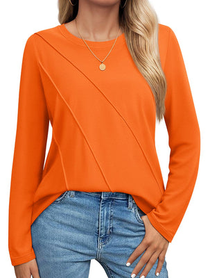 TACVASEN Orange Women's Long Sleeve Shirts Pleated Crew Neck Cotton T-Shirts