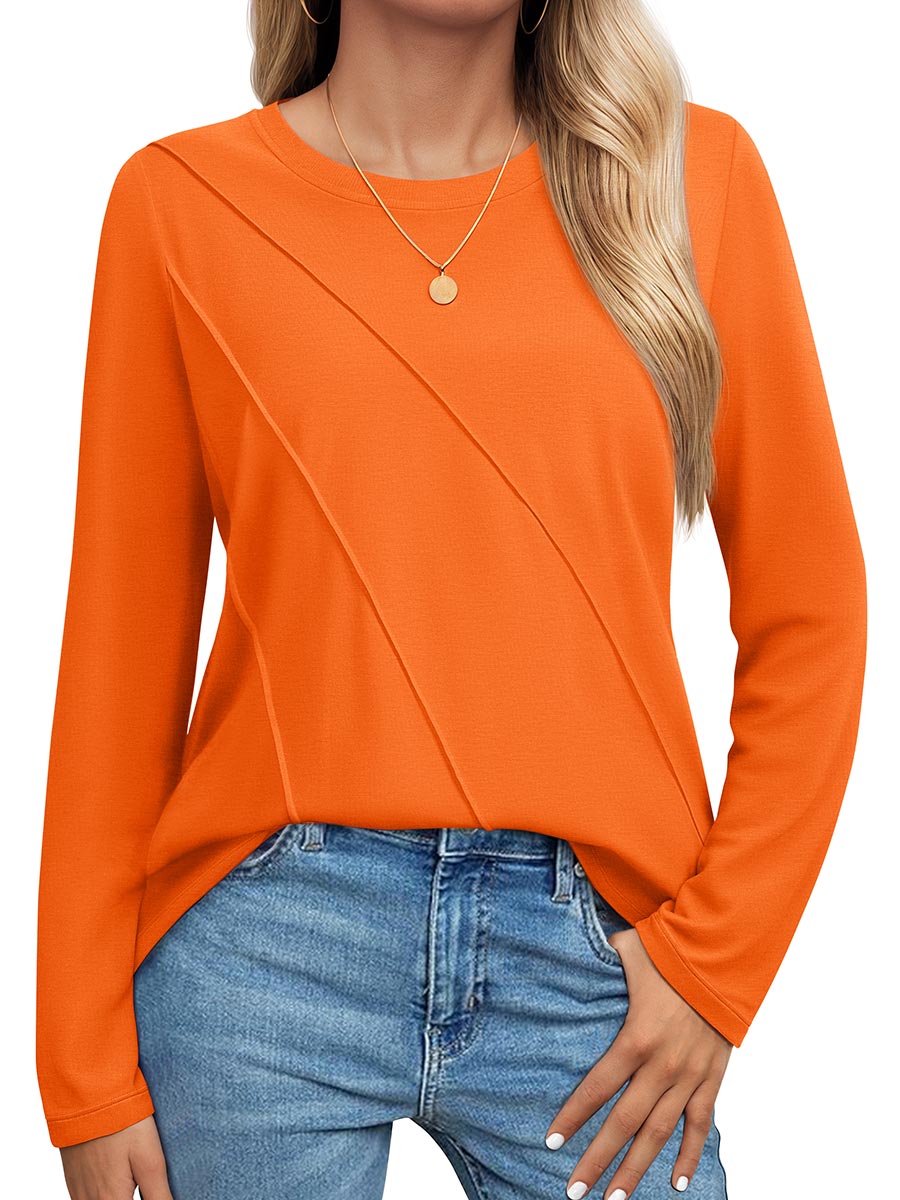 TACVASEN Orange Women's Long Sleeve Shirts Pleated Crew Neck Cotton T-Shirts