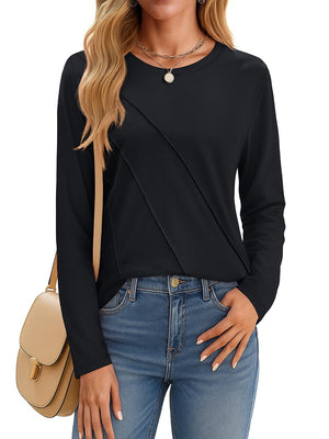 TACVASEN Black Women's Long Sleeve Shirts Pleated Crew Neck Cotton T-Shirts
