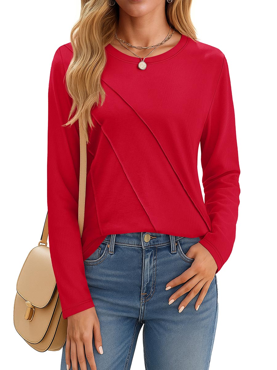 TACVASEN Red Women's Long Sleeve Shirts Pleated Crew Neck Cotton T-Shirts