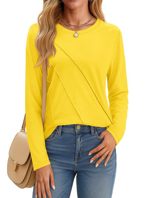 TACVASEN Yellow Women's Long Sleeve Shirts Pleated Crew Neck Cotton T-Shirts