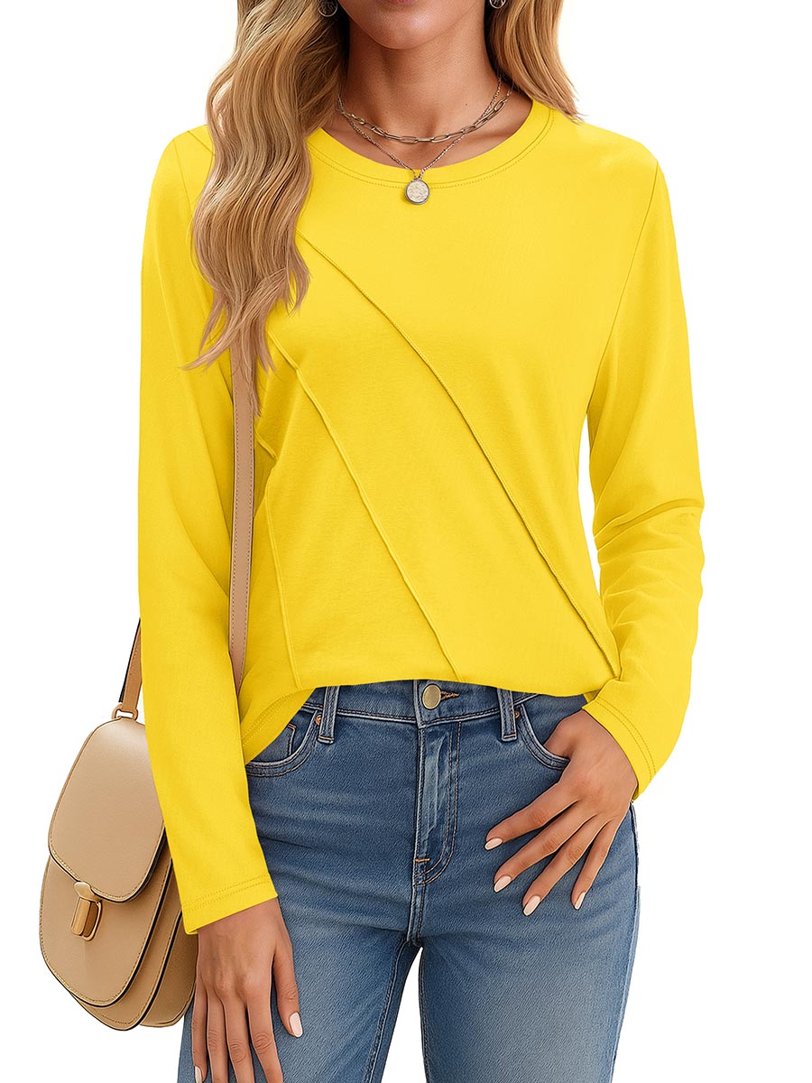 TACVASEN Yellow Women's Long Sleeve Shirts Pleated Crew Neck Cotton T-Shirts