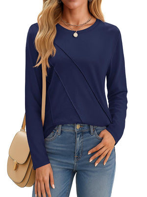 TACVASEN Navy Women's Long Sleeve Shirts Pleated Crew Neck Cotton T-Shirts