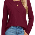 TACVASEN Wine Red Women's Long Sleeve Shirts Pleated Crew Neck Cotton T-Shirts