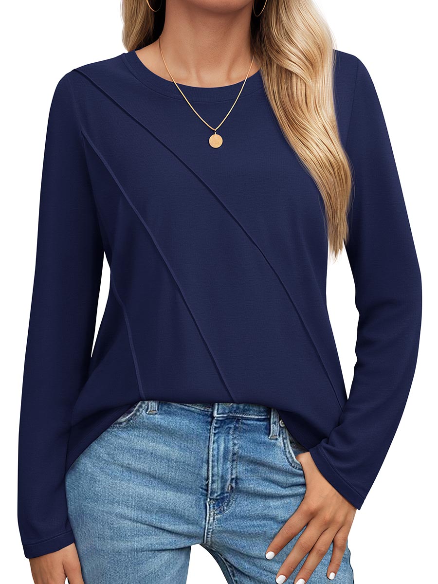 TACVASEN Navy Women's Long Sleeve Shirts Pleated Crew Neck Cotton T-Shirts