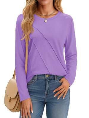 TACVASEN Light Purple Women's Long Sleeve Shirts Pleated Crew Neck Cotton T-Shirts