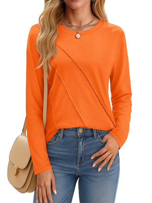 TACVASEN Orange Women's Long Sleeve Shirts Pleated Crew Neck Cotton T-Shirts