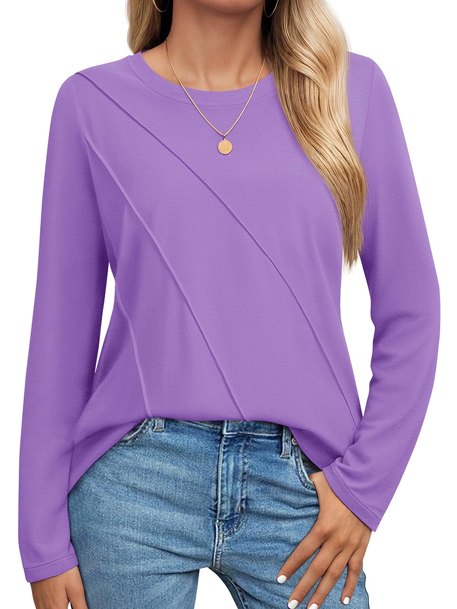 TACVASEN Light Purple Women's Long Sleeve Shirts Pleated Crew Neck Cotton T-Shirts