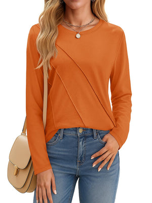 TACVASEN Dark Orange Women's Long Sleeve Shirts Pleated Crew Neck Cotton T-Shirts